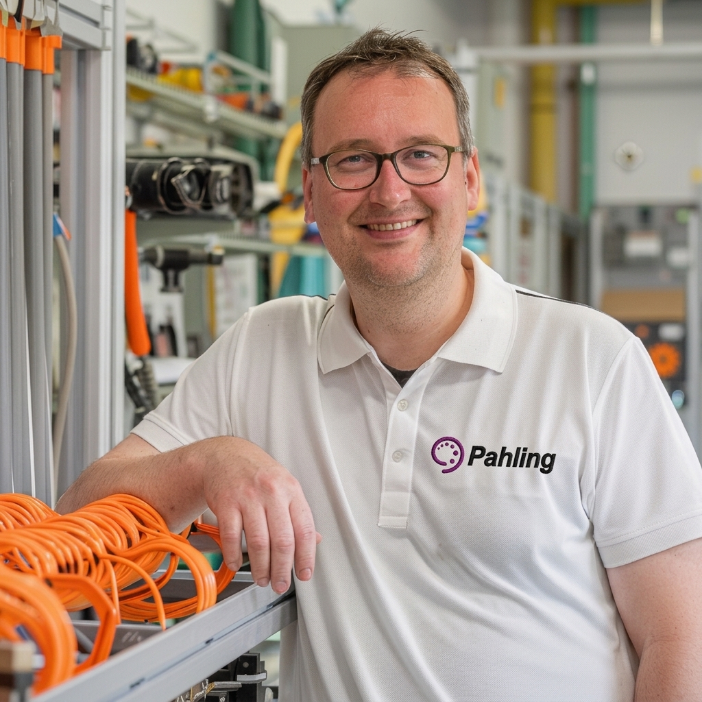 Pahling-Mitarbeiter an der Montagevorrichtung mit konfektionierten Kabelsätzen